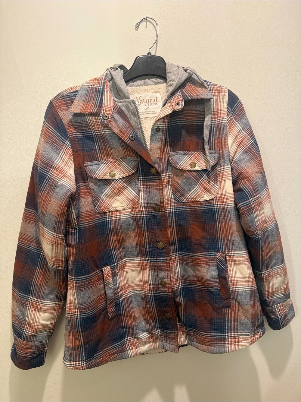 Women’s Natural Reflections Plaid Hooded Jean Jacket - Rust,Navy,Cream size SM